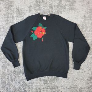 Vintage Hibiscus Sweatshirt Adult Large Black Pullover Jerzees 80's Made In USA